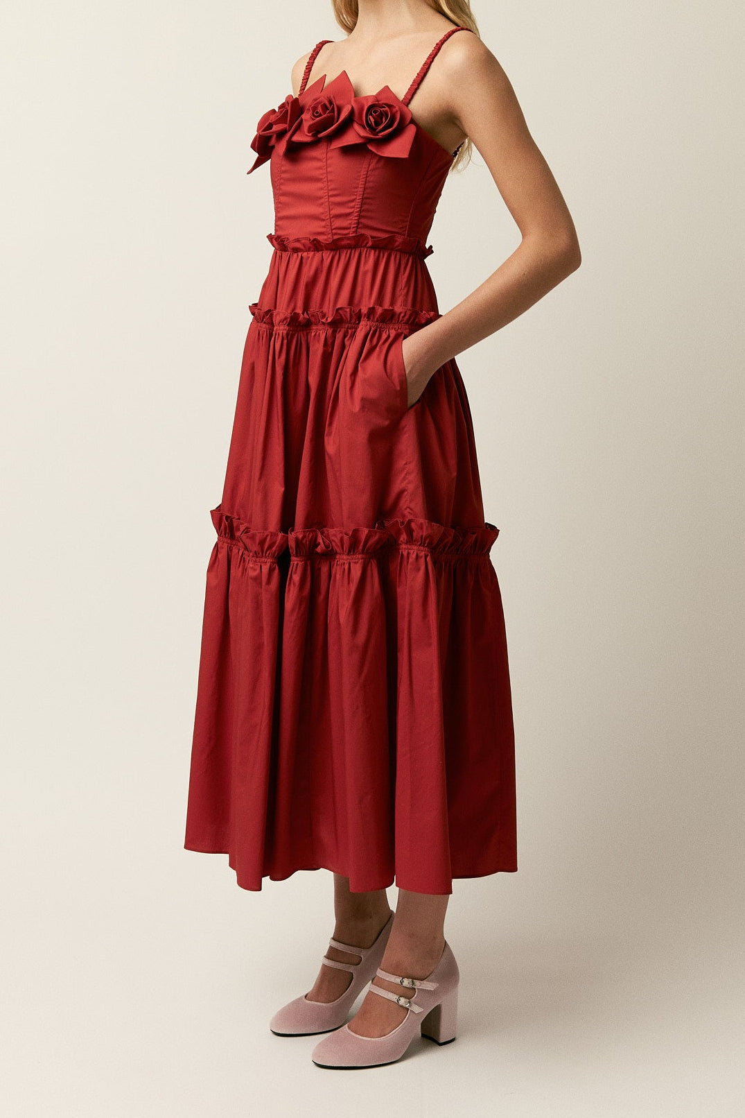 Women Spaghetti Strap Ruffle Tiered Midi Dress
