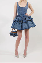 Women Sleeveless 3D Floral Ruffled Denim Mini Dress