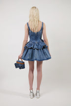 Women Sleeveless 3D Floral Ruffled Denim Mini Dress