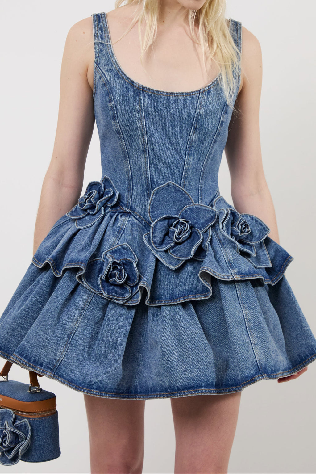 Women Sleeveless 3D Floral Ruffled Denim Mini Dress