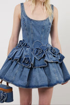Women Sleeveless 3D Floral Ruffled Denim Mini Dress