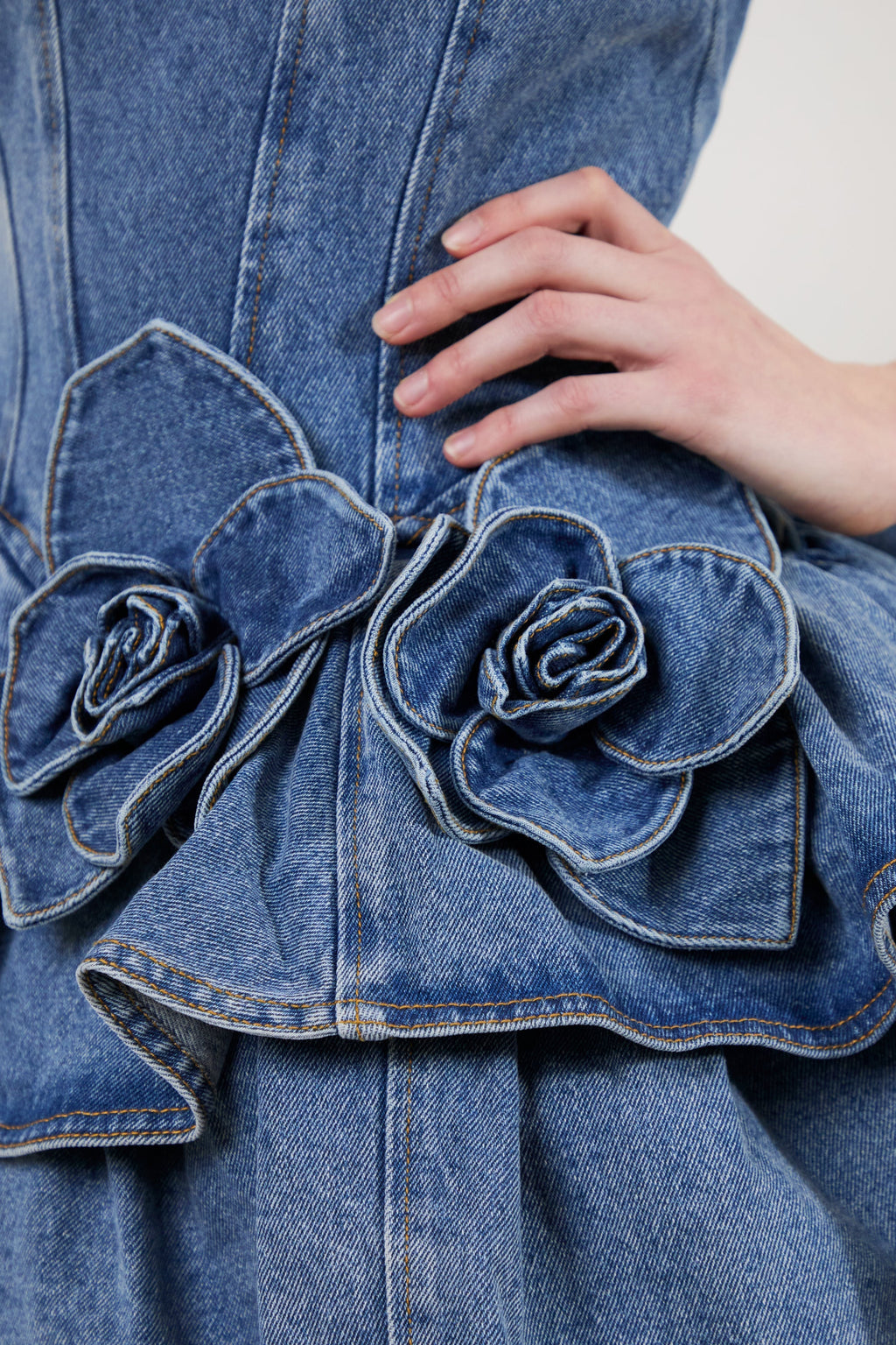 Women Sleeveless 3D Floral Ruffled Denim Mini Dress