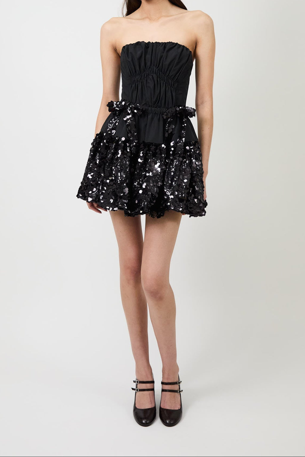 Women Strapless Sequin Ruffled Mini Dress