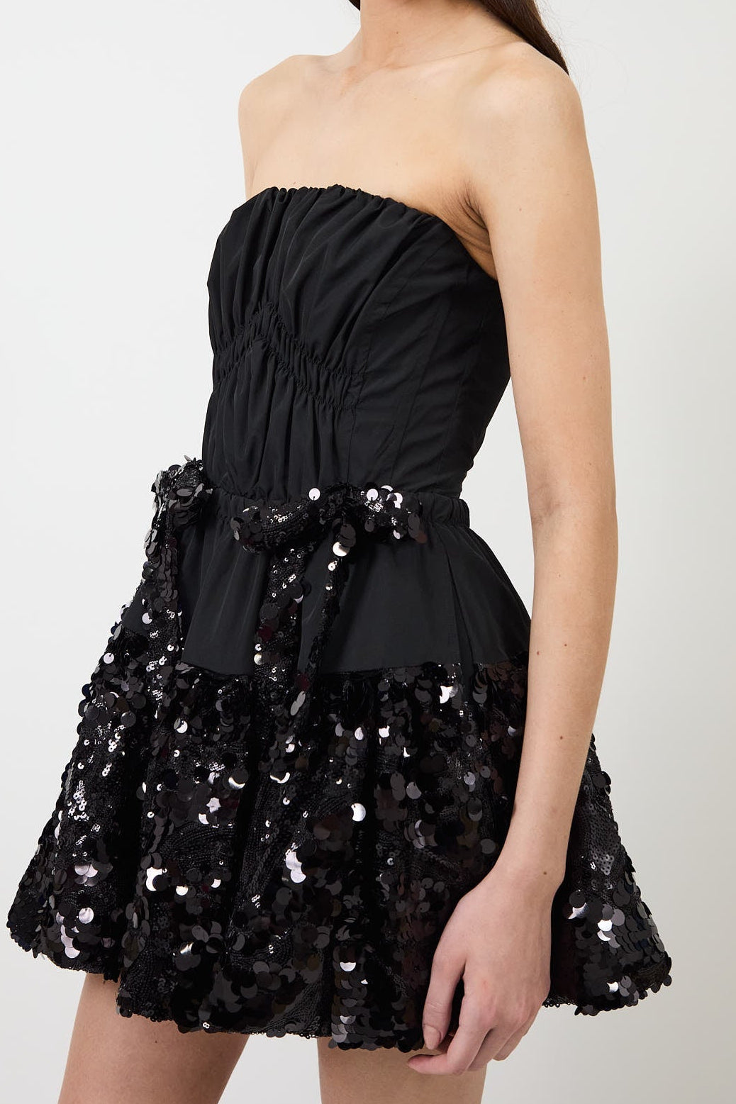 Women Strapless Sequin Ruffled Mini Dress