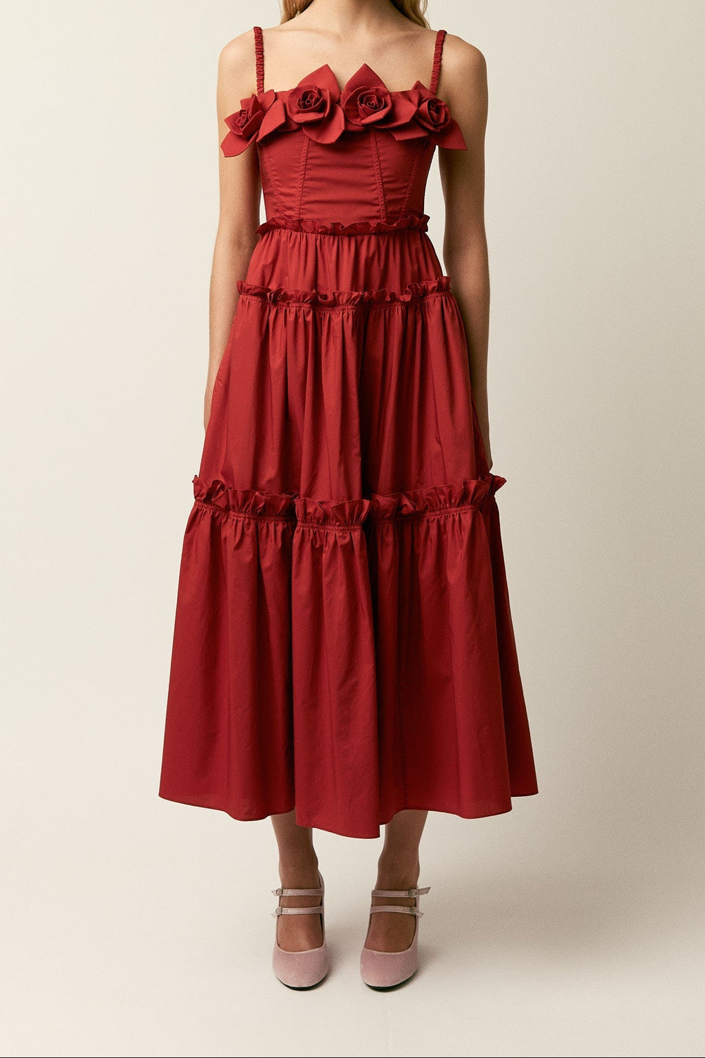 Women Spaghetti Strap Ruffle Tiered Midi Dress