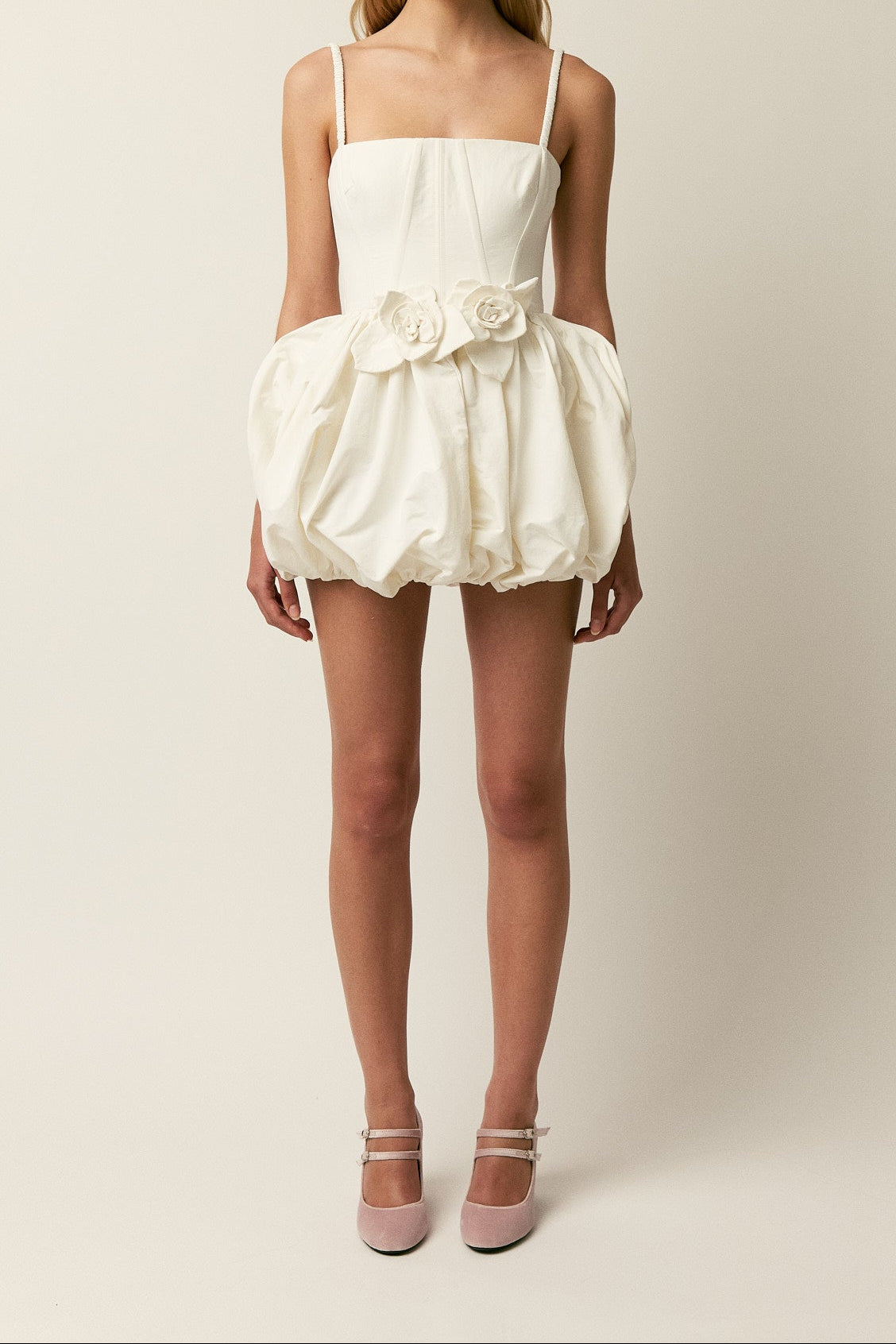 Women Spaghetti Strap Bow Bubble Hem Mini Dress