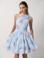Women One Shoulder Printed Flared Mini Dress