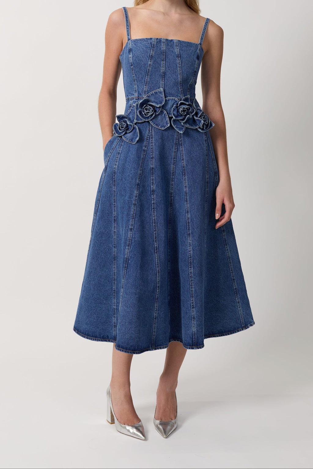 Women Spaghetti Strap 3D Flower Denim Midi Dress