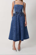 Women Spaghetti Strap 3D Flower Denim Midi Dress