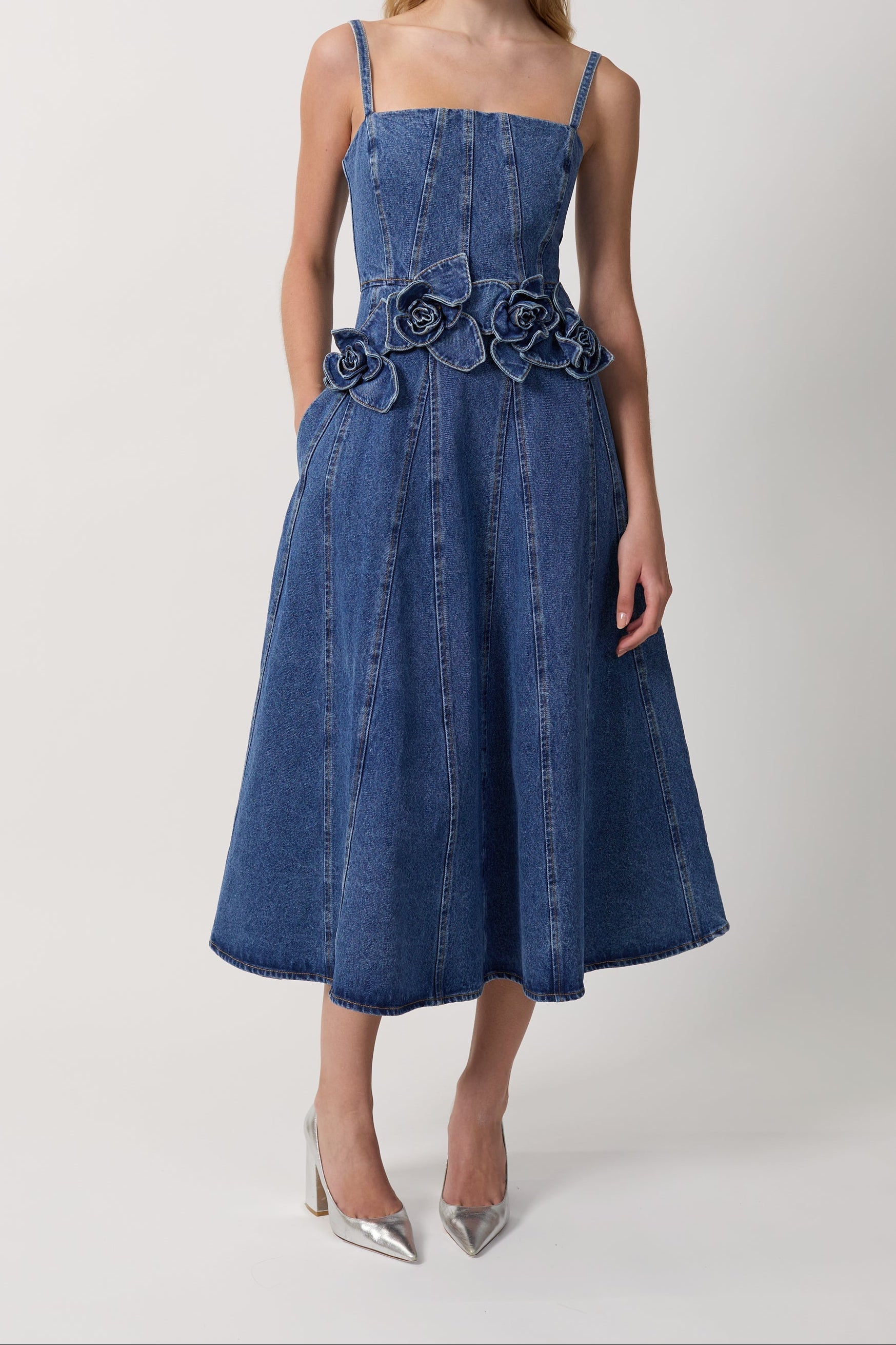 Women Spaghetti Strap 3D Flower Denim Midi Dress