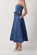 Women Spaghetti Strap 3D Flower Denim Midi Dress