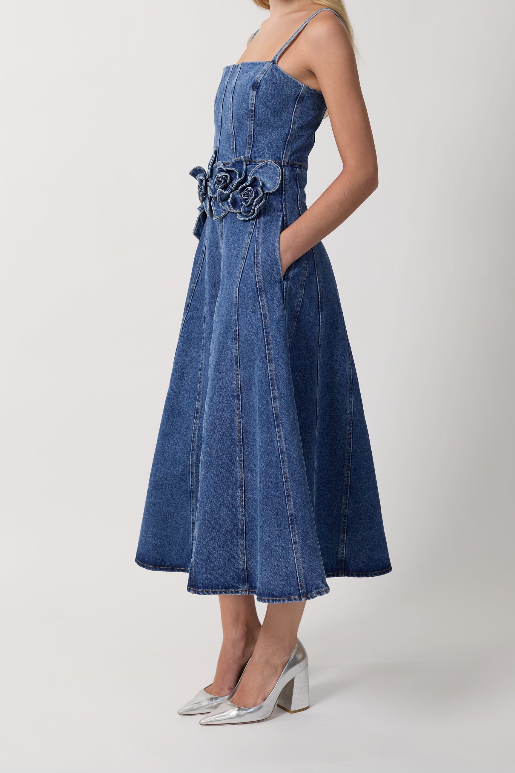 Women Spaghetti Strap 3D Flower Denim Midi Dress