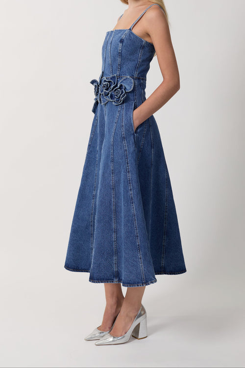 Women Spaghetti Strap 3D Flower Denim Midi Dress