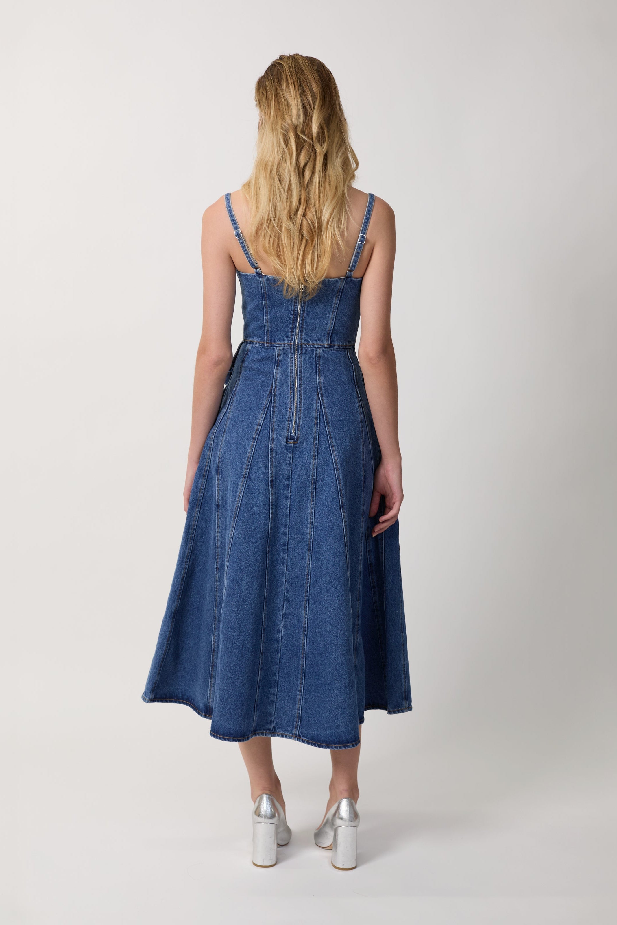 Women Spaghetti Strap 3D Flower Denim Midi Dress