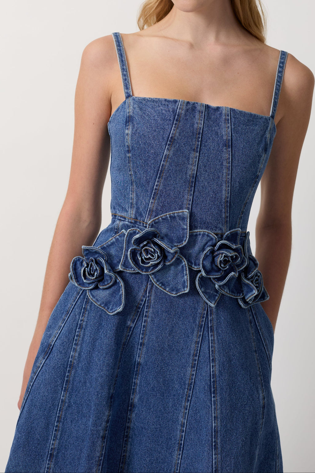 Women Spaghetti Strap 3D Flower Denim Midi Dress