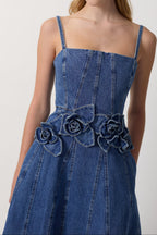 Women Spaghetti Strap 3D Flower Denim Midi Dress