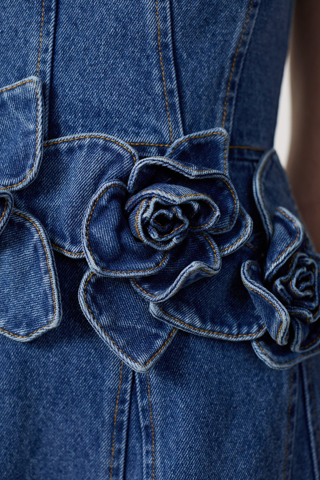 Women Spaghetti Strap 3D Flower Denim Midi Dress