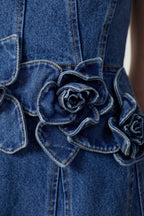 Women Spaghetti Strap 3D Flower Denim Midi Dress