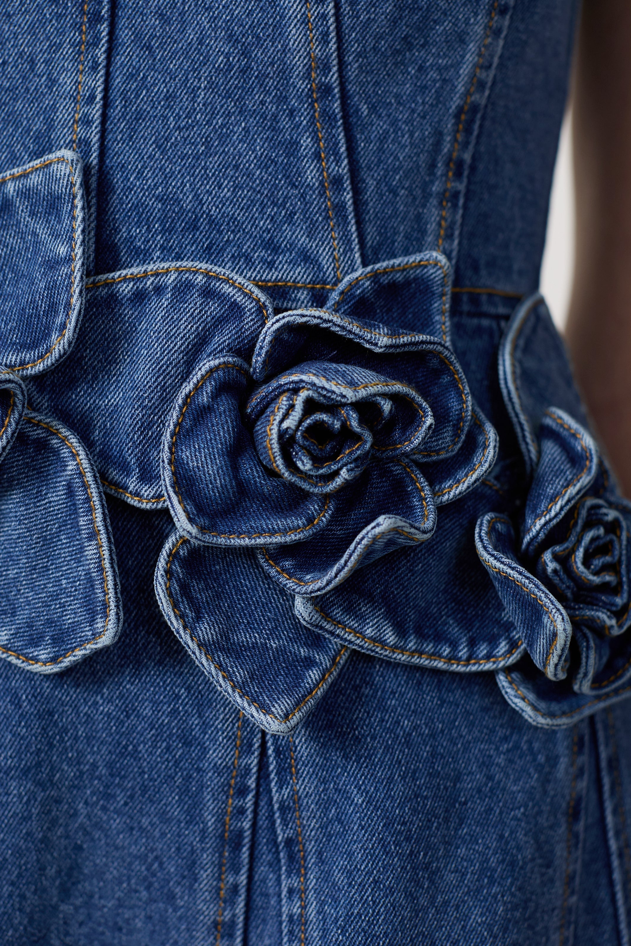 Women Spaghetti Strap 3D Flower Denim Midi Dress