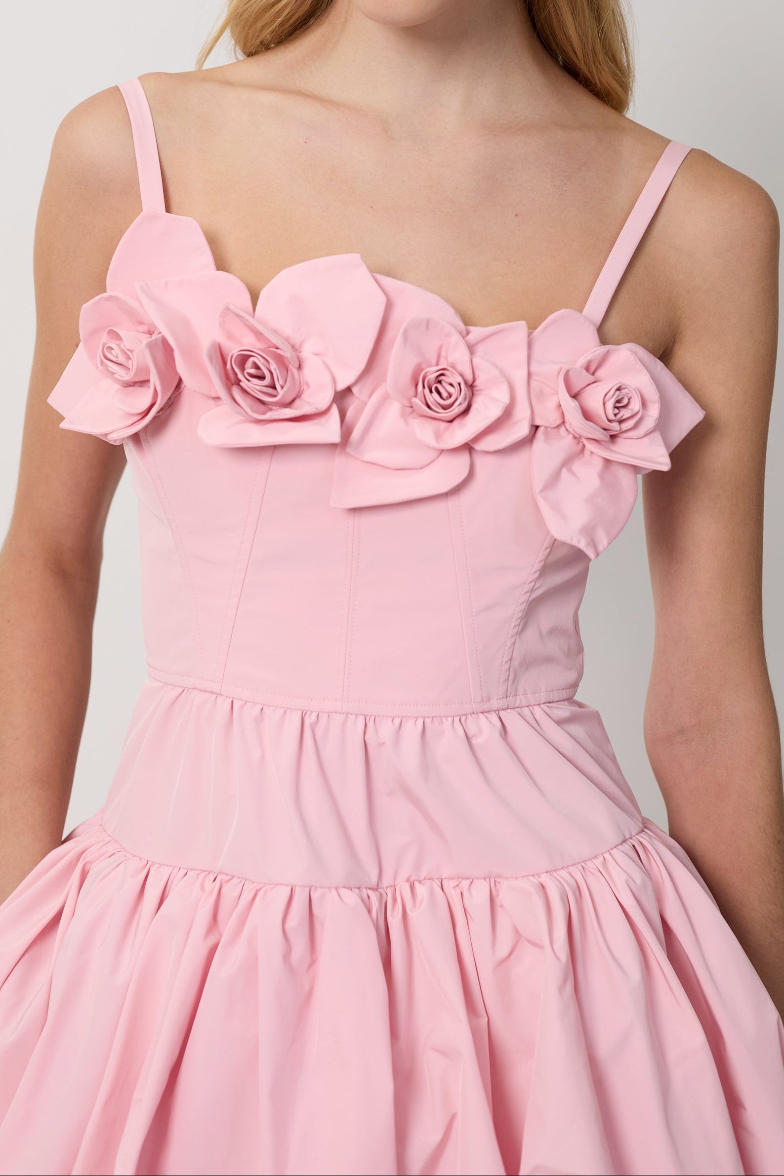 Women Spaghetti Strap 3D Flower Bubble Hem Mini Dress
