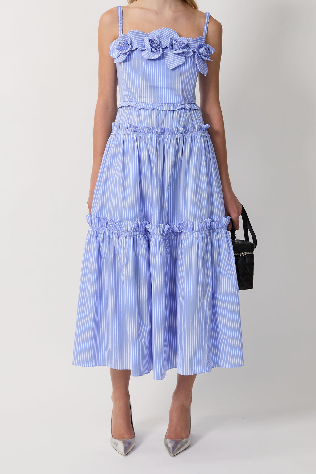 Women Striped Spaghetti Strap Floral Tiered Midi Dress