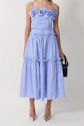 Women Striped Spaghetti Strap Floral Tiered Midi Dress