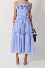 Women Striped Spaghetti Strap Floral Tiered Midi Dress