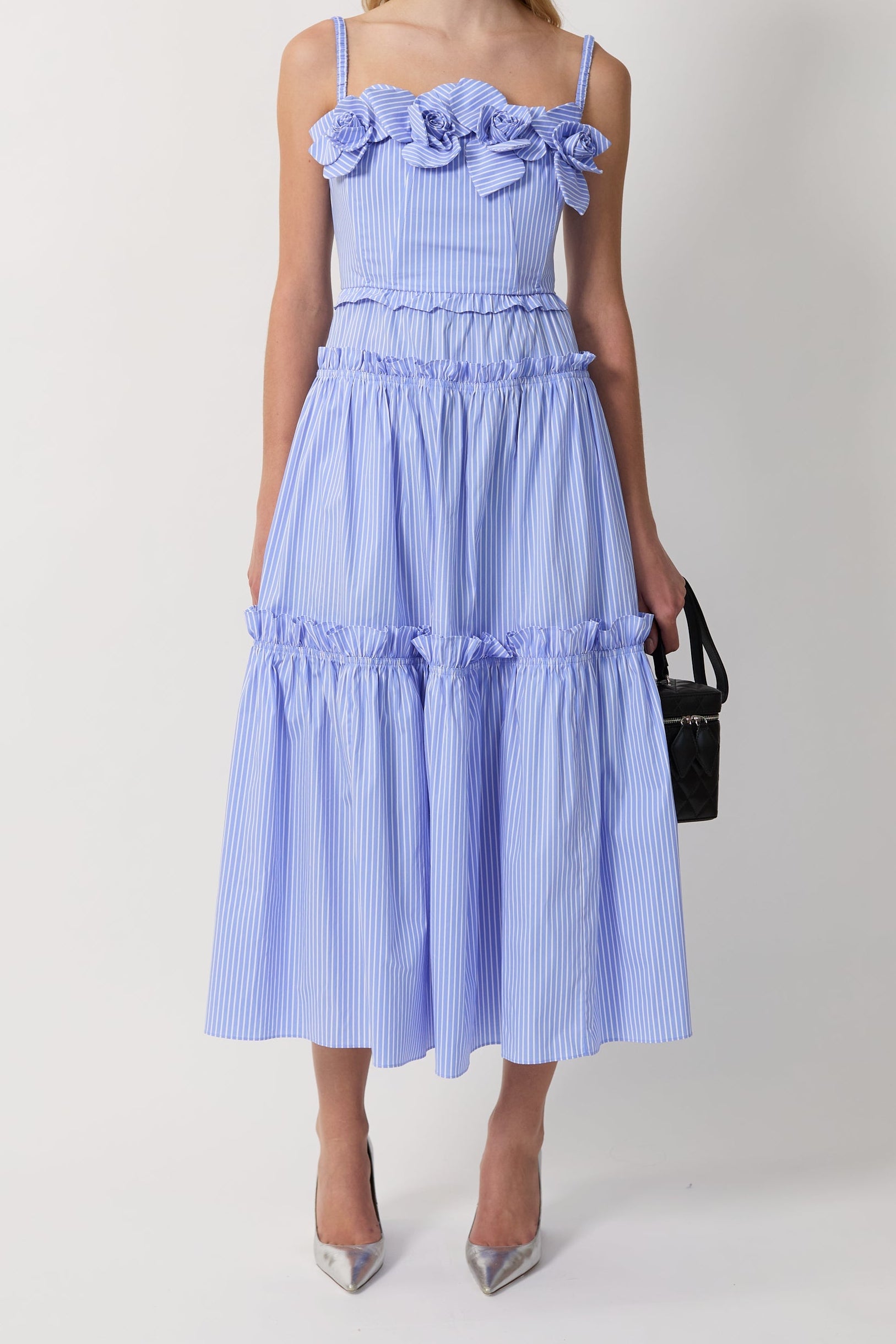 Women Striped Spaghetti Strap Floral Tiered Midi Dress