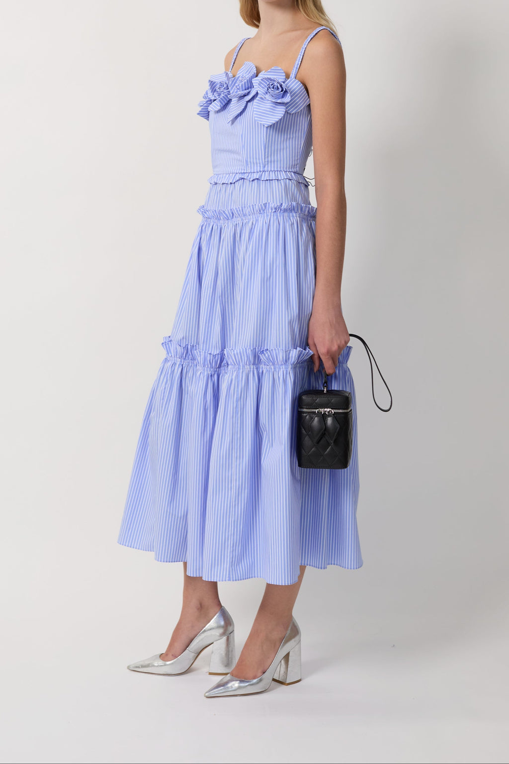 Women Striped Spaghetti Strap Floral Tiered Midi Dress