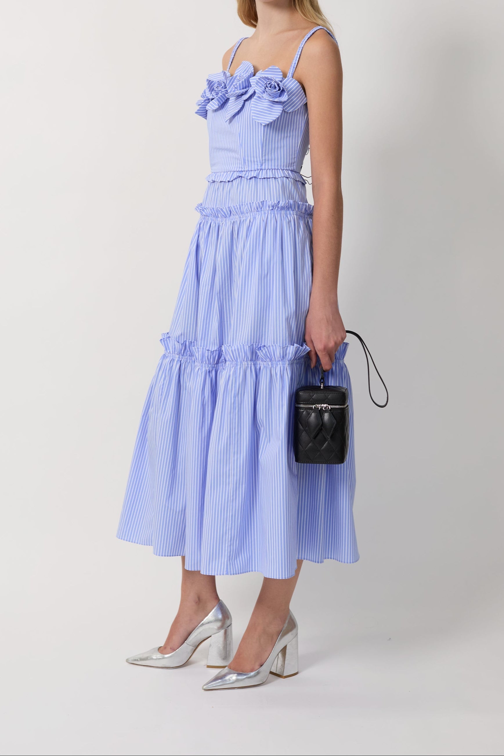 Women Striped Spaghetti Strap Floral Tiered Midi Dress