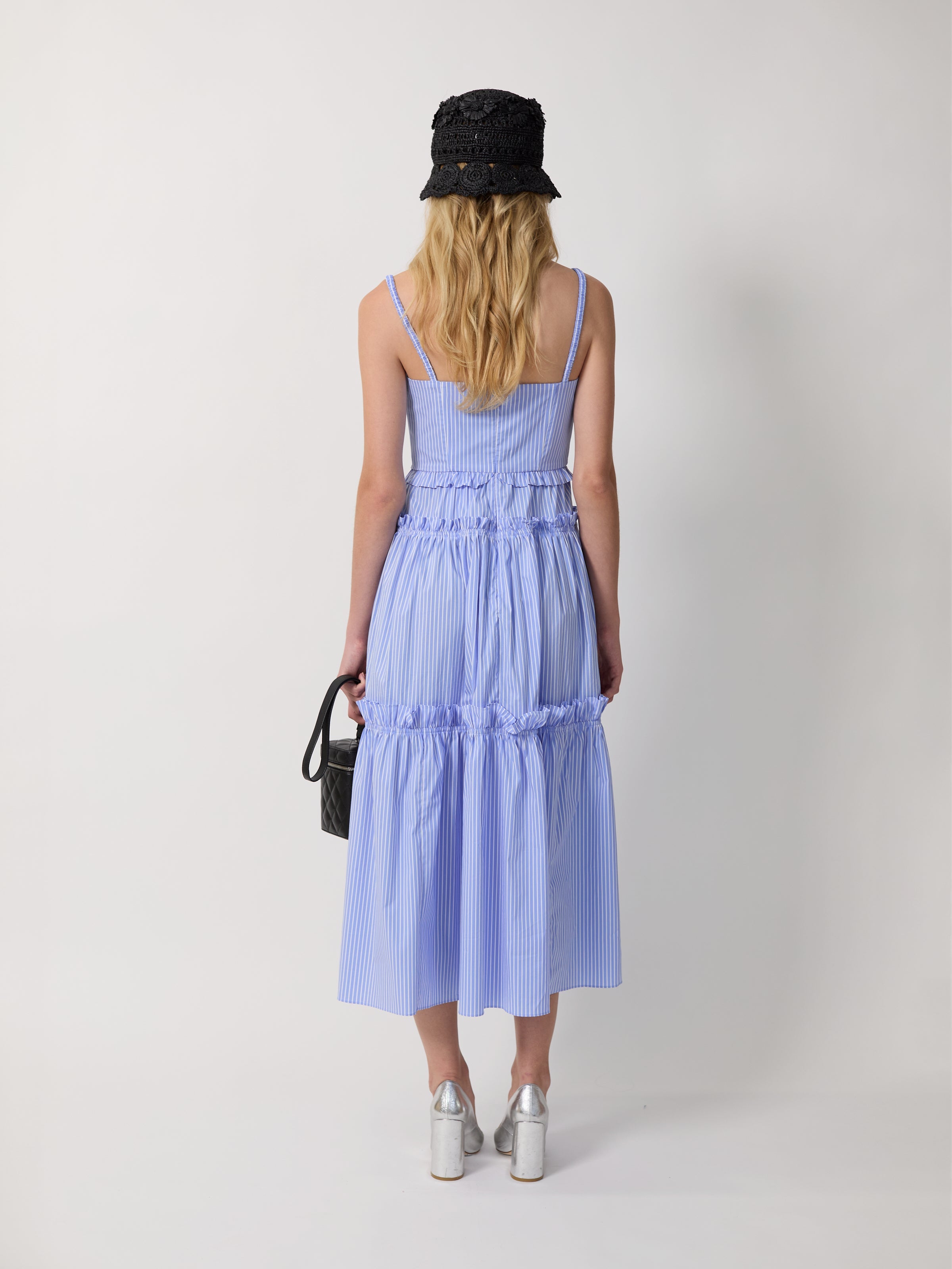 Women Striped Spaghetti Strap Floral Tiered Midi Dress