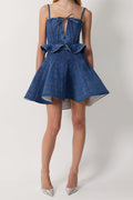 Women Spaghetti Strap Bow Denim Mini Skater Dress