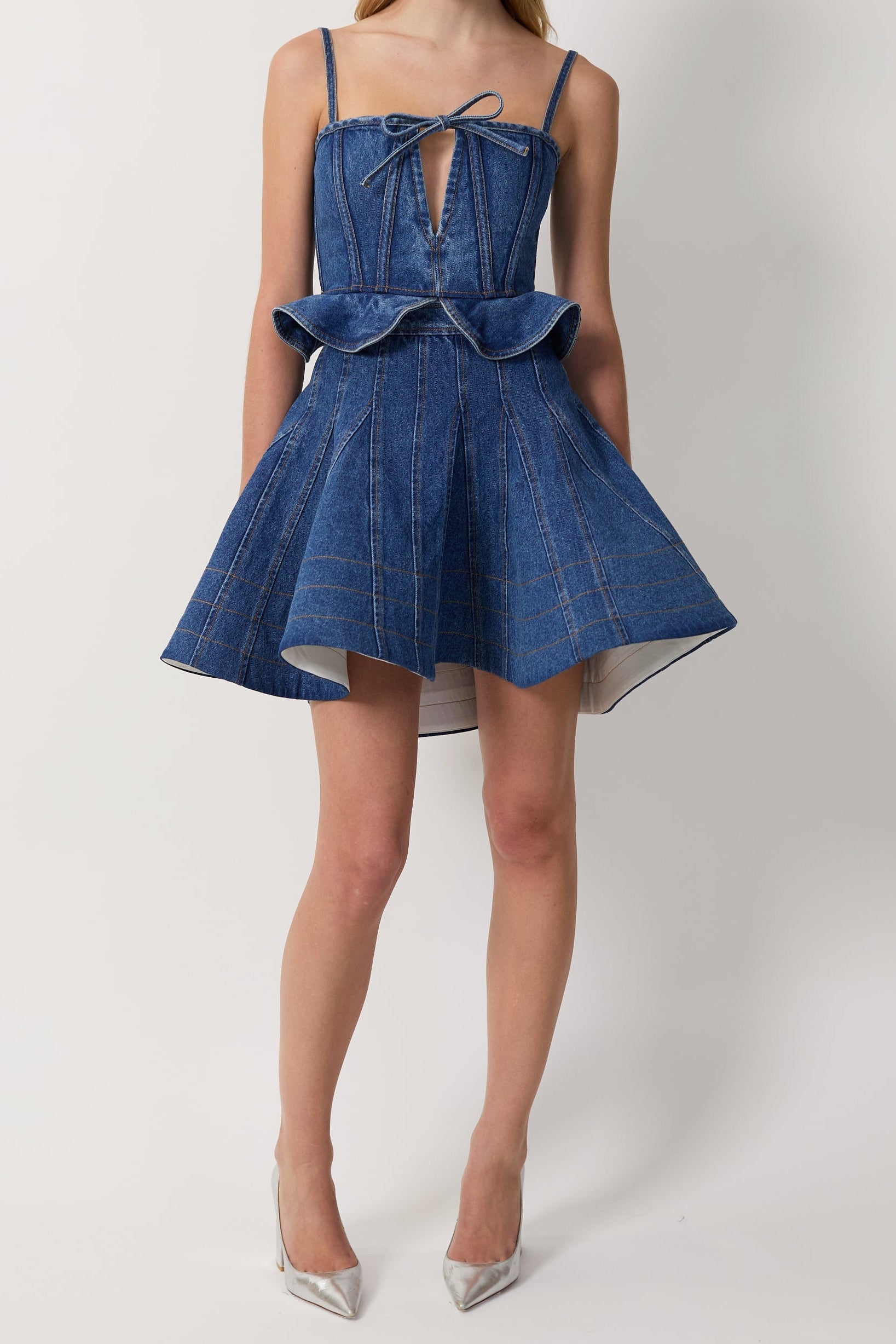 Women Spaghetti Strap Bow Denim Mini Skater Dress