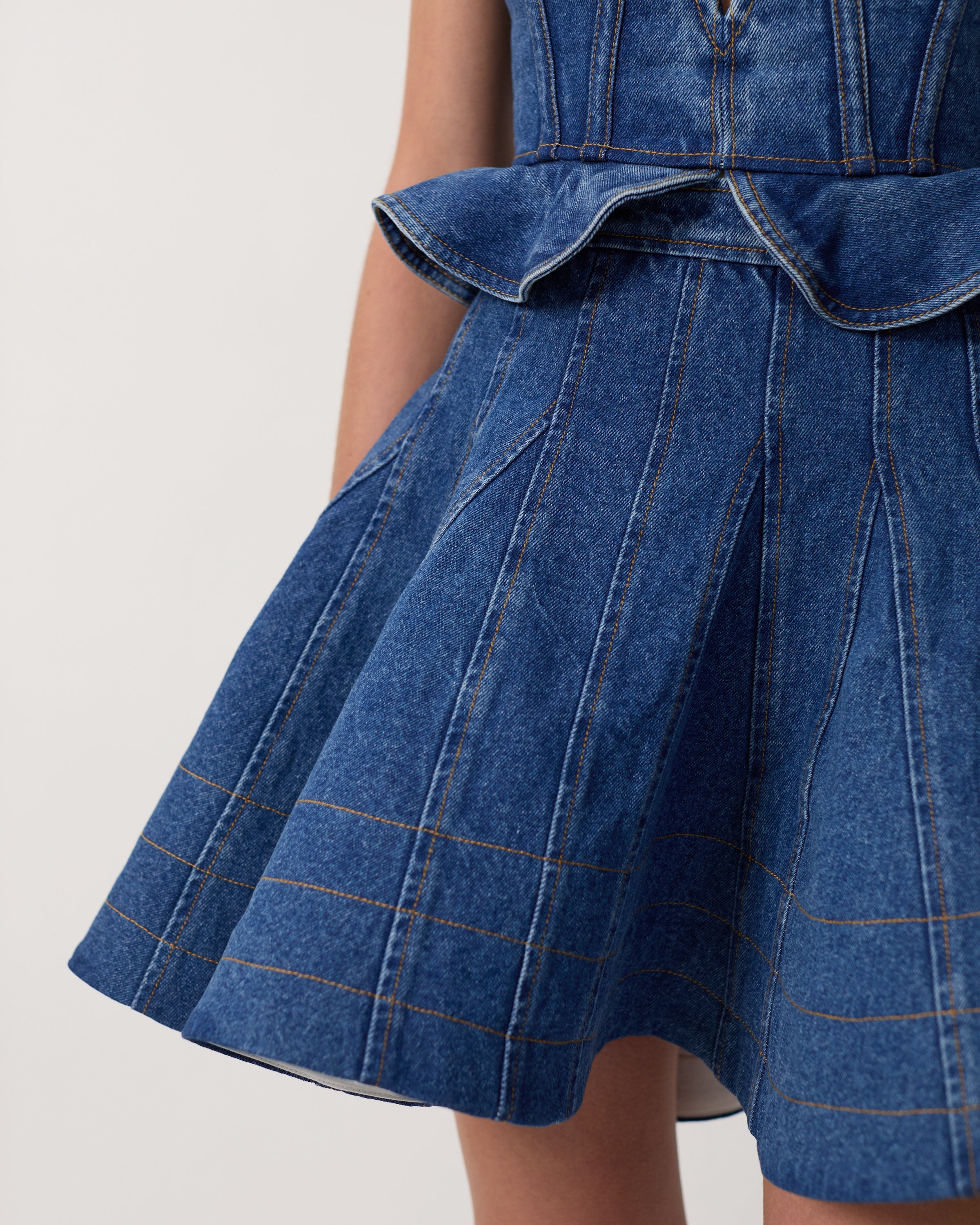 Women Spaghetti Strap Bow Denim Mini Skater Dress