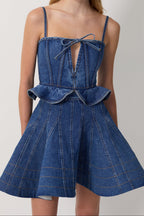 Women Spaghetti Strap Bow Denim Mini Skater Dress