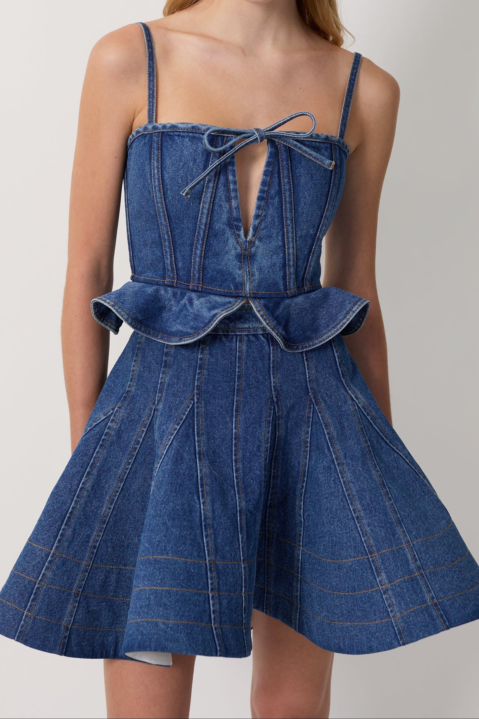 Women Spaghetti Strap Bow Denim Mini Skater Dress