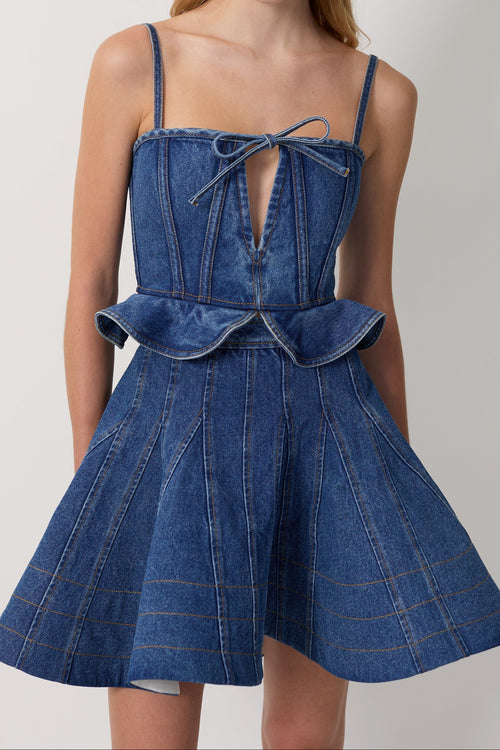 Women Spaghetti Strap Bow Denim Mini Skater Dress