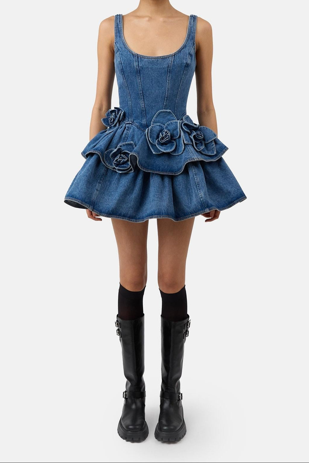 Women Sleeveless 3D Floral Ruffled Denim Mini Dress