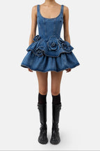 Women Sleeveless 3D Floral Ruffled Denim Mini Dress