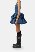 Women Sleeveless 3D Floral Ruffled Denim Mini Dress