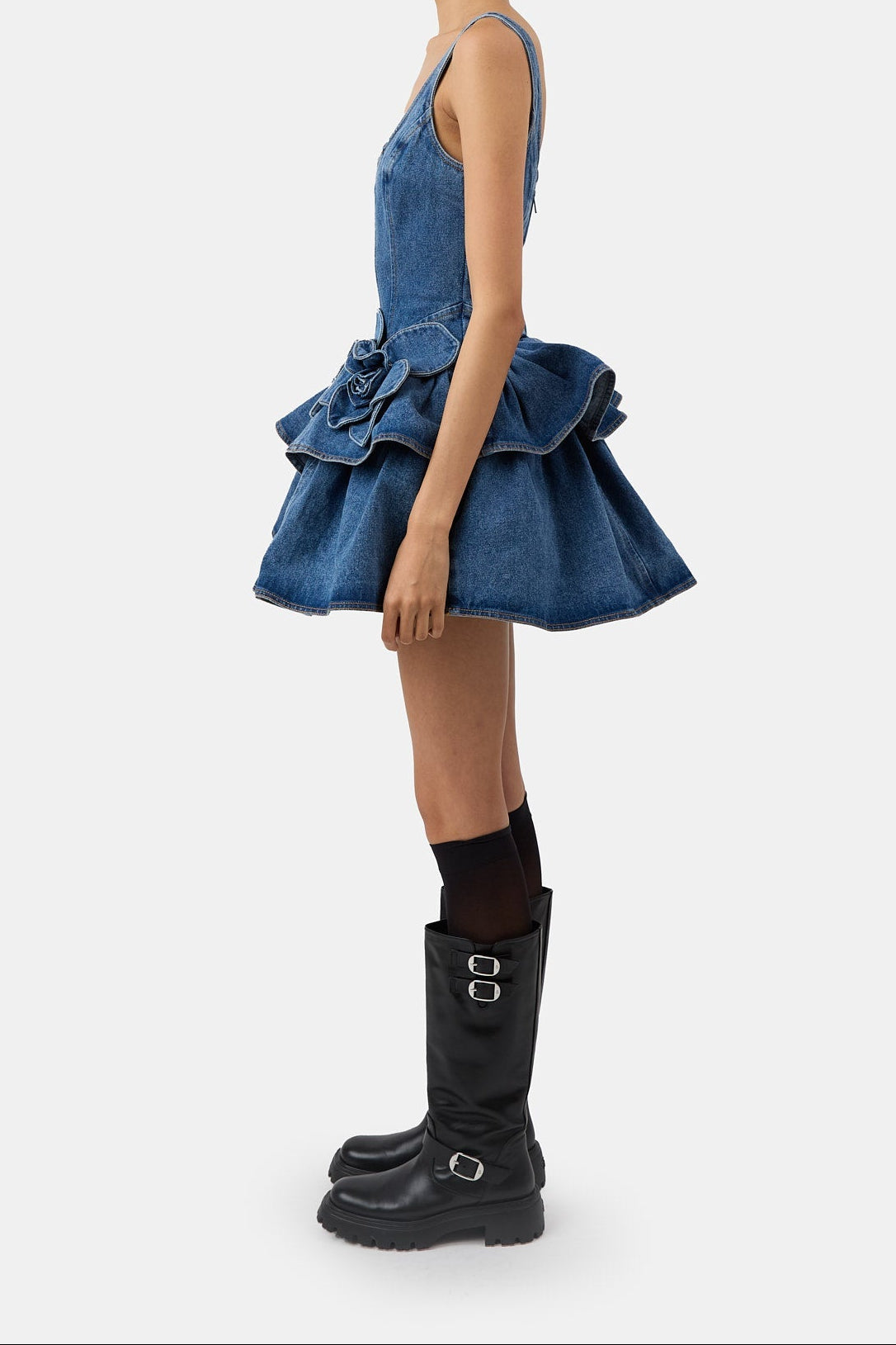Women Sleeveless 3D Floral Ruffled Denim Mini Dress