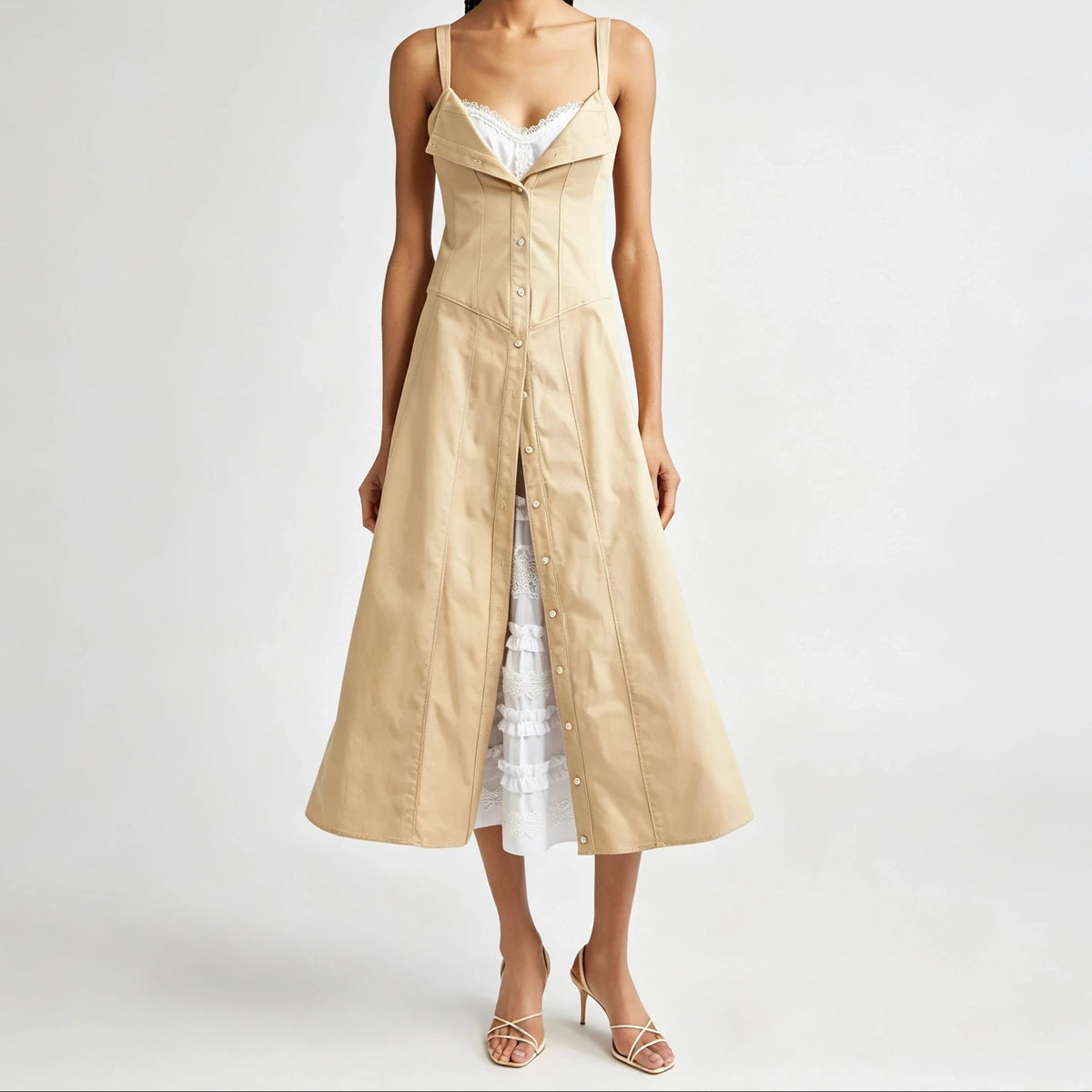 Khaki Sleeveless Corset Seam Cami Midi Dress