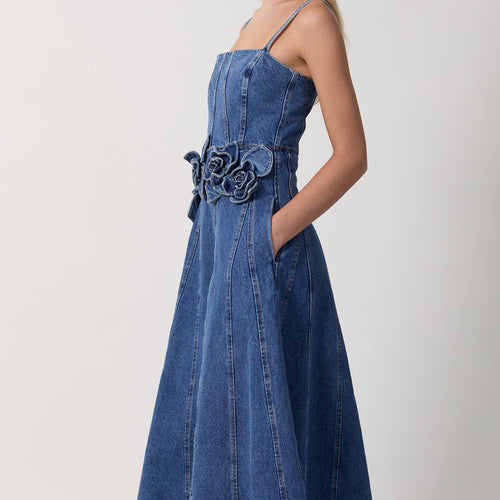 Women's 3D Floral Denim Midi Dress with Spaghetti Straps