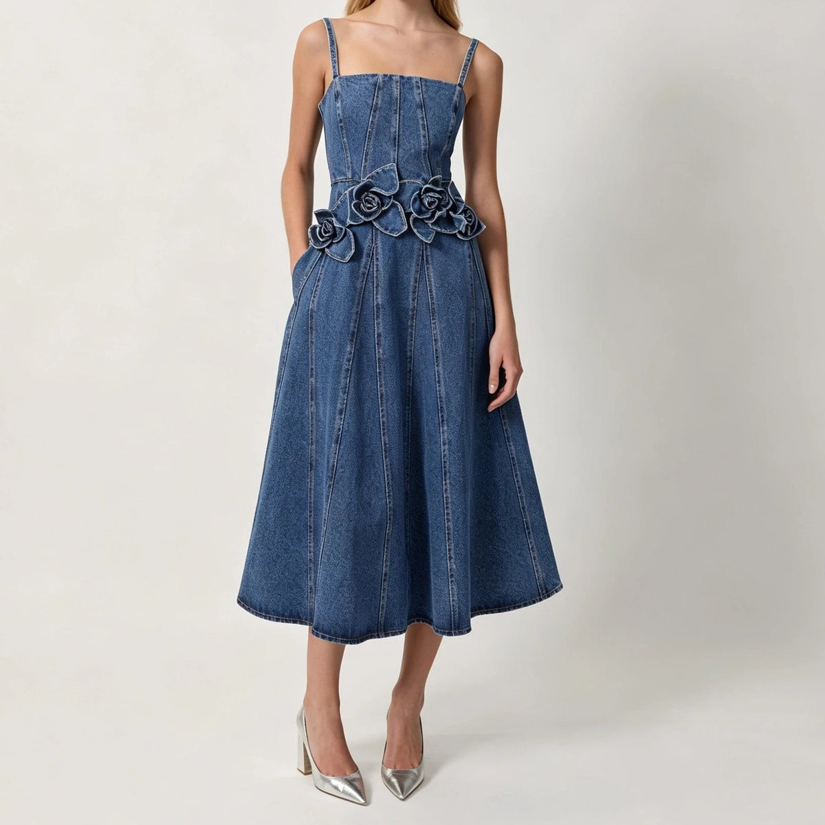 Women's 3D Floral Denim Midi Dress with Spaghetti Straps