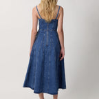 Women's 3D Floral Denim Midi Dress with Spaghetti Straps