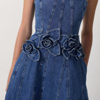 Women's 3D Floral Denim Midi Dress with Spaghetti Straps