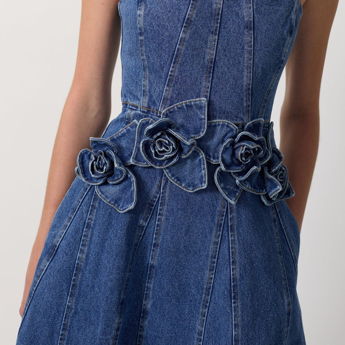 Women's 3D Floral Denim Midi Dress with Spaghetti Straps