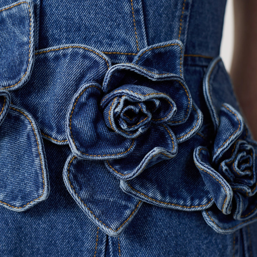 Women's 3D Floral Denim Midi Dress with Spaghetti Straps