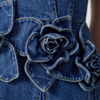 Women's 3D Floral Denim Midi Dress with Spaghetti Straps