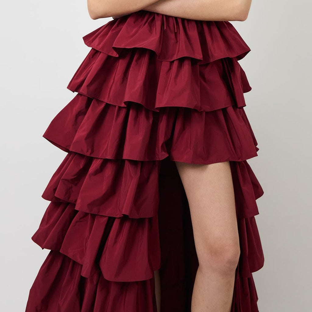 Women's Deep V Neck Ruffled Maxi Evening Gown with Slit